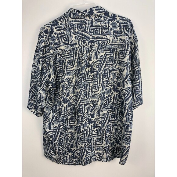 VTG PURE Abstract Tribal Shirt Size L 100% Silk Button Short Sleeve Blue & White - Picture 3 of 6